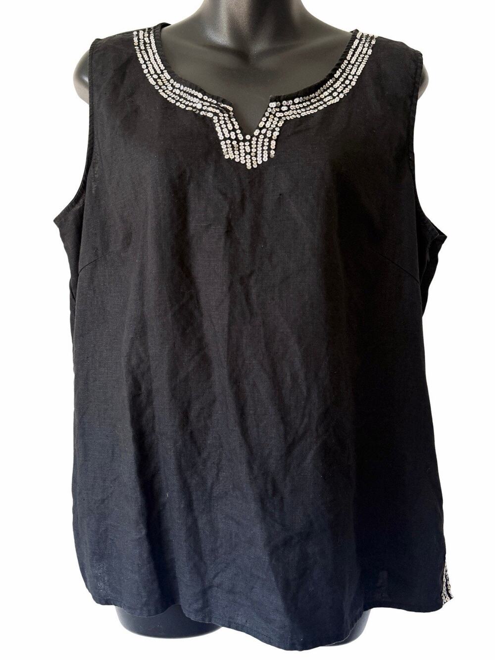 Richard Malcolm Irish Linen Tank Top Womens XL Black Silver Sequins Sleeveless